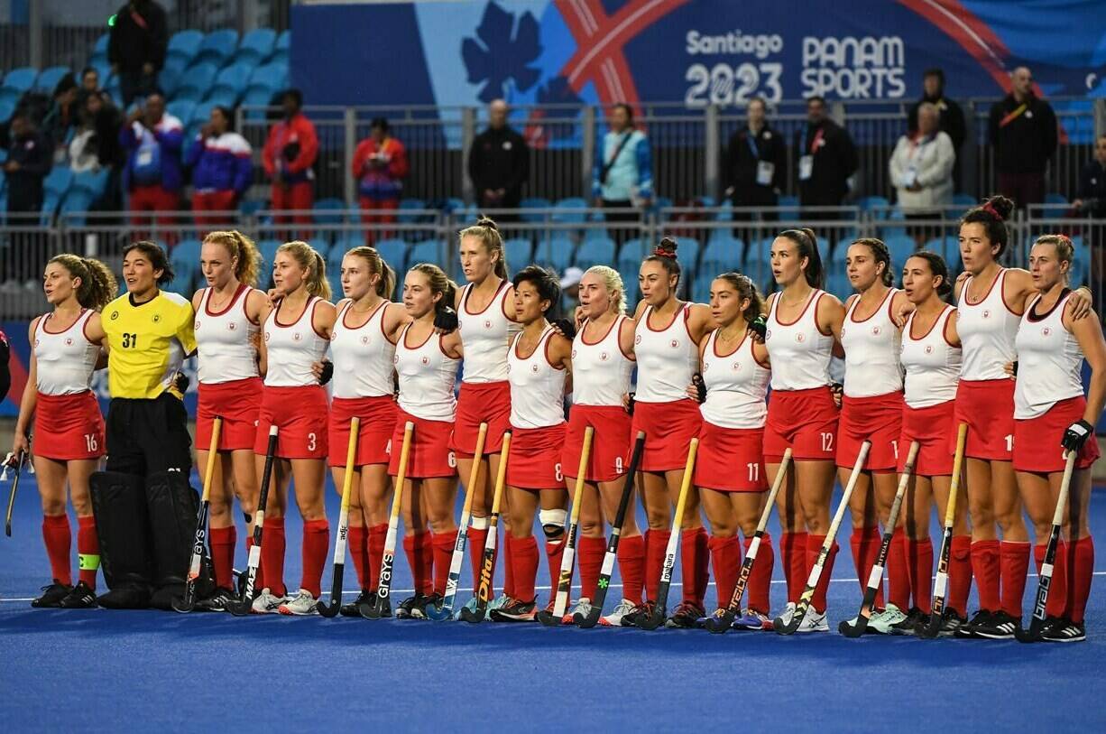 The Canadian women’s field hockey team is shown in this handout image at the 2023 Pan American Games in Santiago, Chile. The Canadian women’s field hockey team blanked Malaysia 3-0 Sunday, bouncing back from an opening 2-0 loss to Britain at an FIH Olympic Qualifier. THE CANADIAN PRESS/HO-Field Hockey Canada-Yan Huckendubler