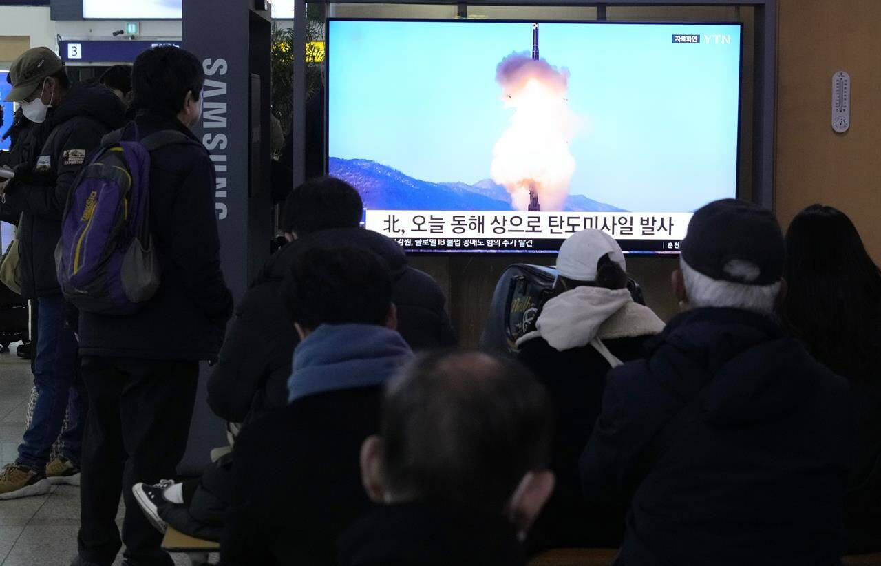 A TV screen shows a file image of North Korea’s missile launch during a news program at the Seoul Railway Station in Seoul, South Korea, Sunday, Jan. 14, 2024. North Korea fired a ballistic missile toward the sea on Sunday, its neighbors said, in its first missile launch this year, as the North is expected to further raise regional animosities in an election year for its rivals South Korea and the United States. (AP Photo/Ahn Young-joon)