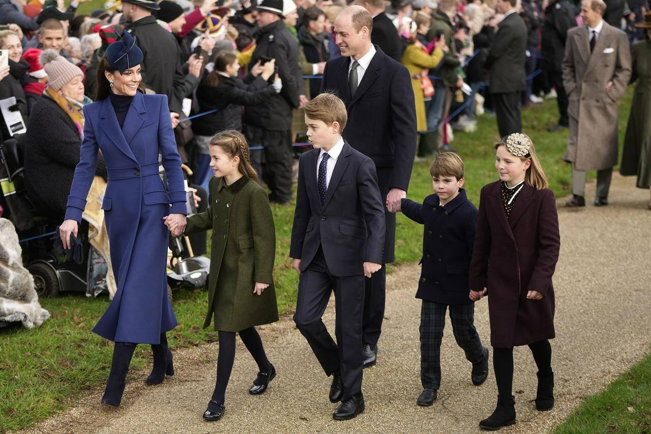 Britain’s Kate, Princess of Wales, Princess Charlotte, Prince George, William, the Prince of Wales, Prince Louis and Mia Tindall arrive to attend the Christmas day service at St Mary Magdalene Church in Sandringham in Norfolk, England, Monday, Dec. 25, 2023.(AP Photo/Kin Cheung)