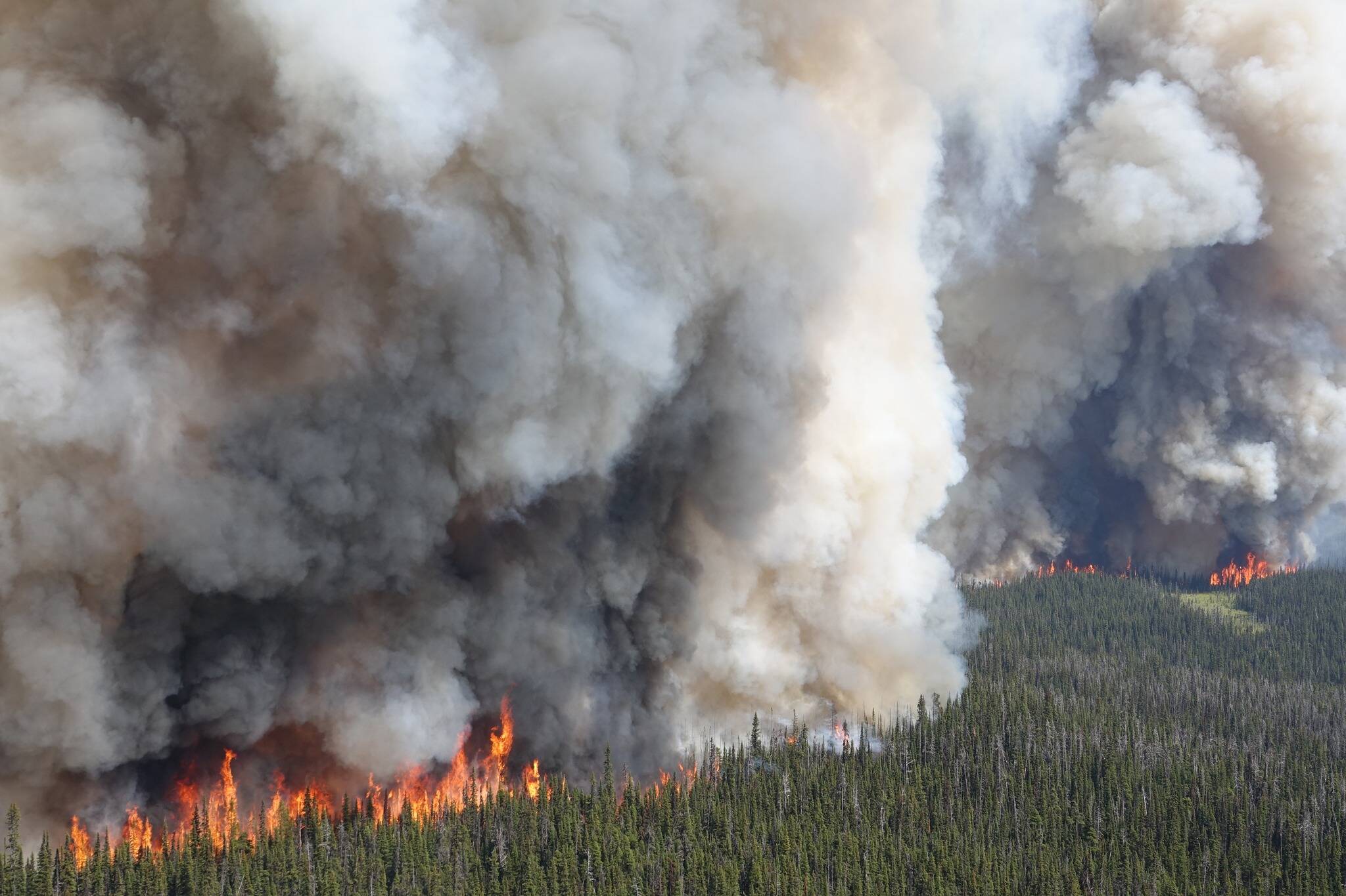 This 2023 wildfire near Entiako Park, located approximately 150 km southeast of Houston and 150 km southwest of Vanderhoof, directly east of Tweedsmuir Provincial Park, helped to pump 102 megatonnes of carbon from provincial wildfires into the atmosphere. The figure comes from the European Union’s Copernicus Atmosphere Monitoring System. (Pete Laing/Courtesy of BC Wildfire Service)