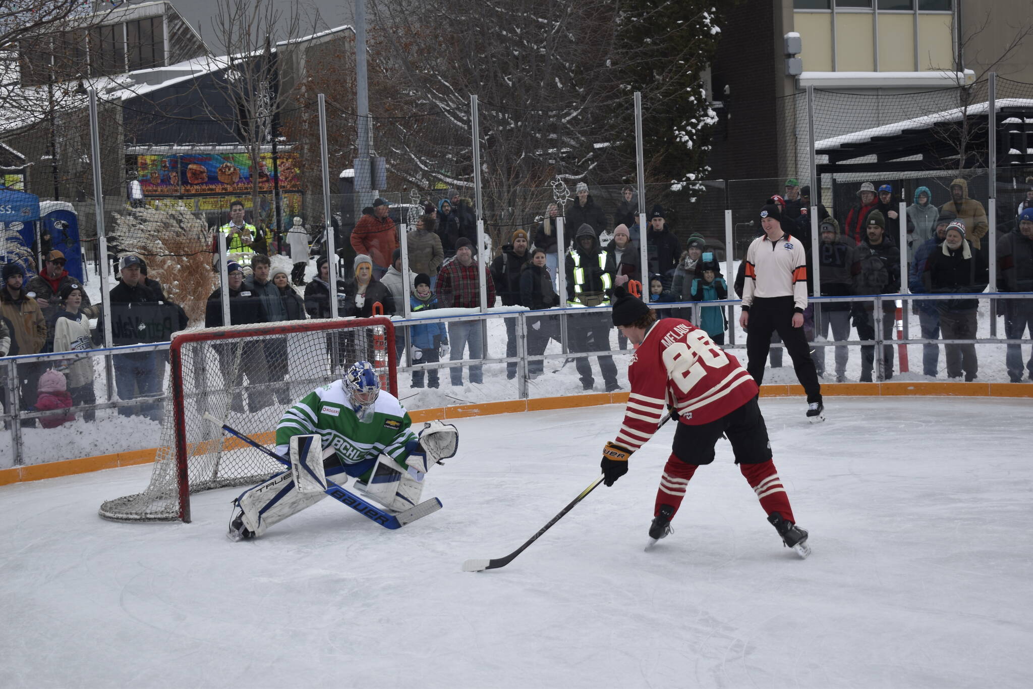 Penticton Vees goaltender Will Ingemann faces a shot from Cole Melady from the Coquitlam Express during BCHL All-Star Weekend on Penticton’s outdoor next to city hall on Jan. 20, 2024. (Logan Lockhart/Western News)