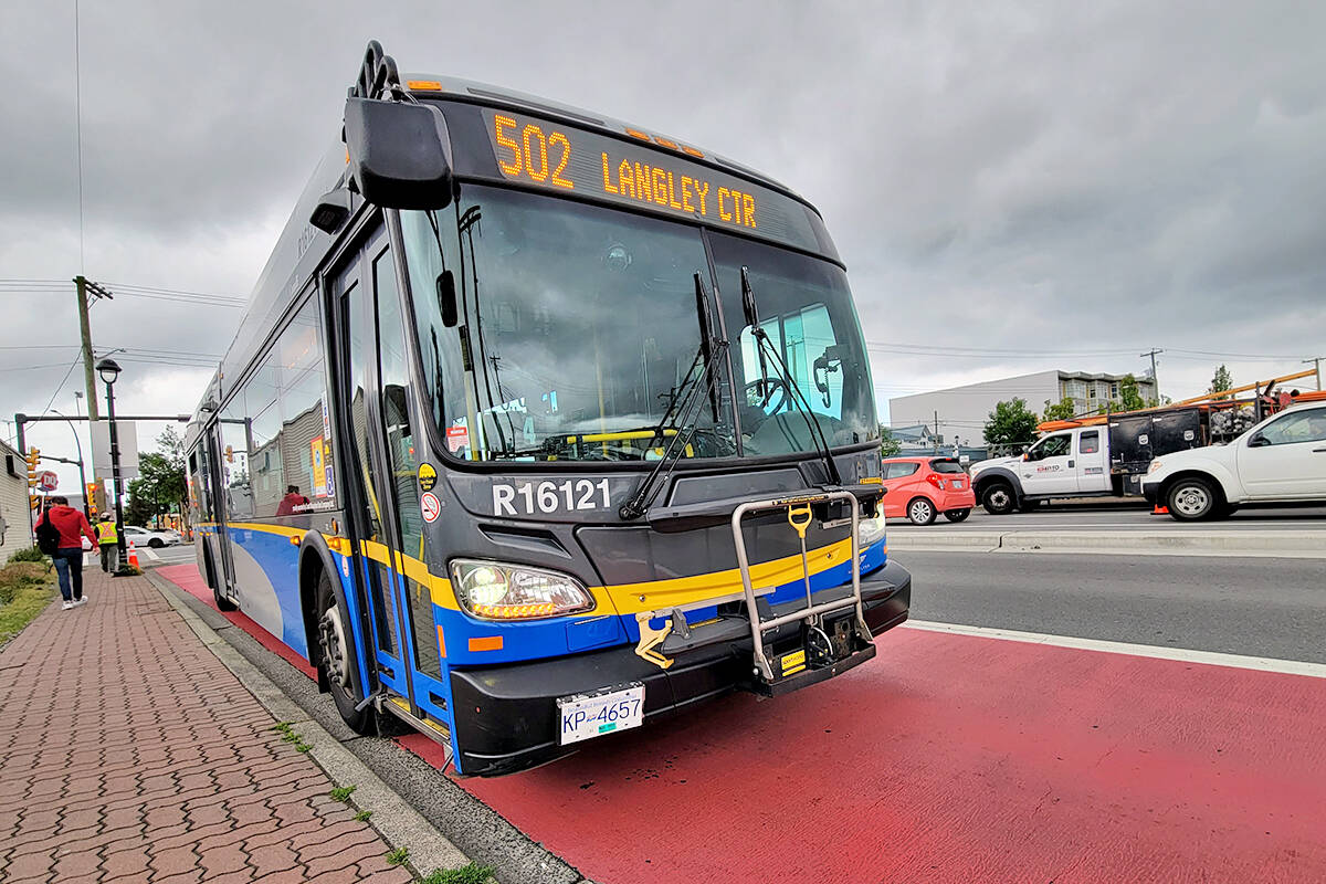 FILE – A TransLink bus pulls up to the 203rd Street stop near Industrial Avenue on Monday, June 7, site of the future SkyTrain station in downtown Langley City. (Dan Ferguson/Langley Advance Times)