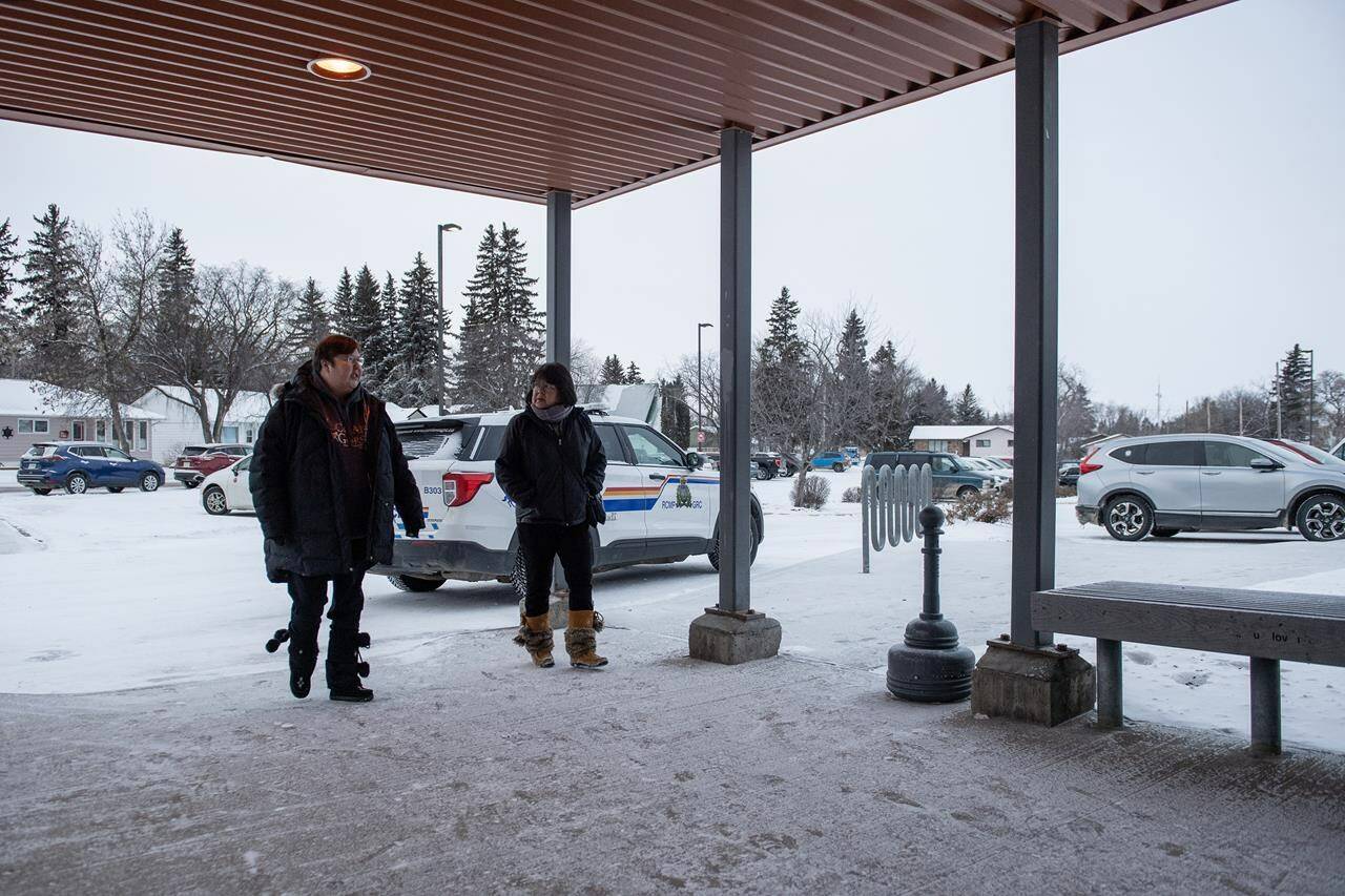 People enter the public coroner’s inquest in Melfort, Sask. on Wednesday, January 17, 2024. The province is expected to provide information about how it responded to a mass stabbing on a Saskatchewan First Nation as a coroner’s inquest enters its second week. THE CANADIAN PRESS/Liam Richards