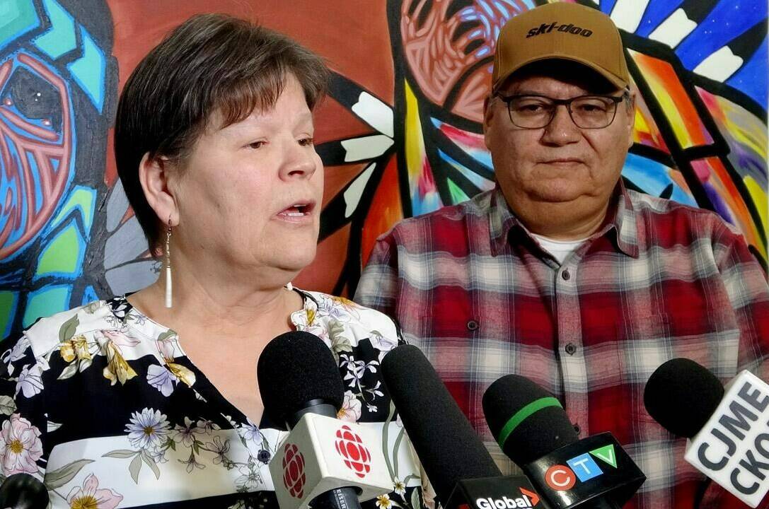 Cindy Ghostkeeper-Whitehead, a family wellness worker on the James Smith Cree Nation, and Mike Marion, the First Nation’s health director, say it’s frustrating that the community’s response isn’t being heard at a coroner’s inquest into the 2022 mass stabbings. Ghostkeeper-Whitehead, left, and Marion are seen speaking to media at the inquest venue in Melfort, Sask., Tuesday, Jan. 23, 2024. THE CANADIAN PRESS/Kelly Geraldine Malone