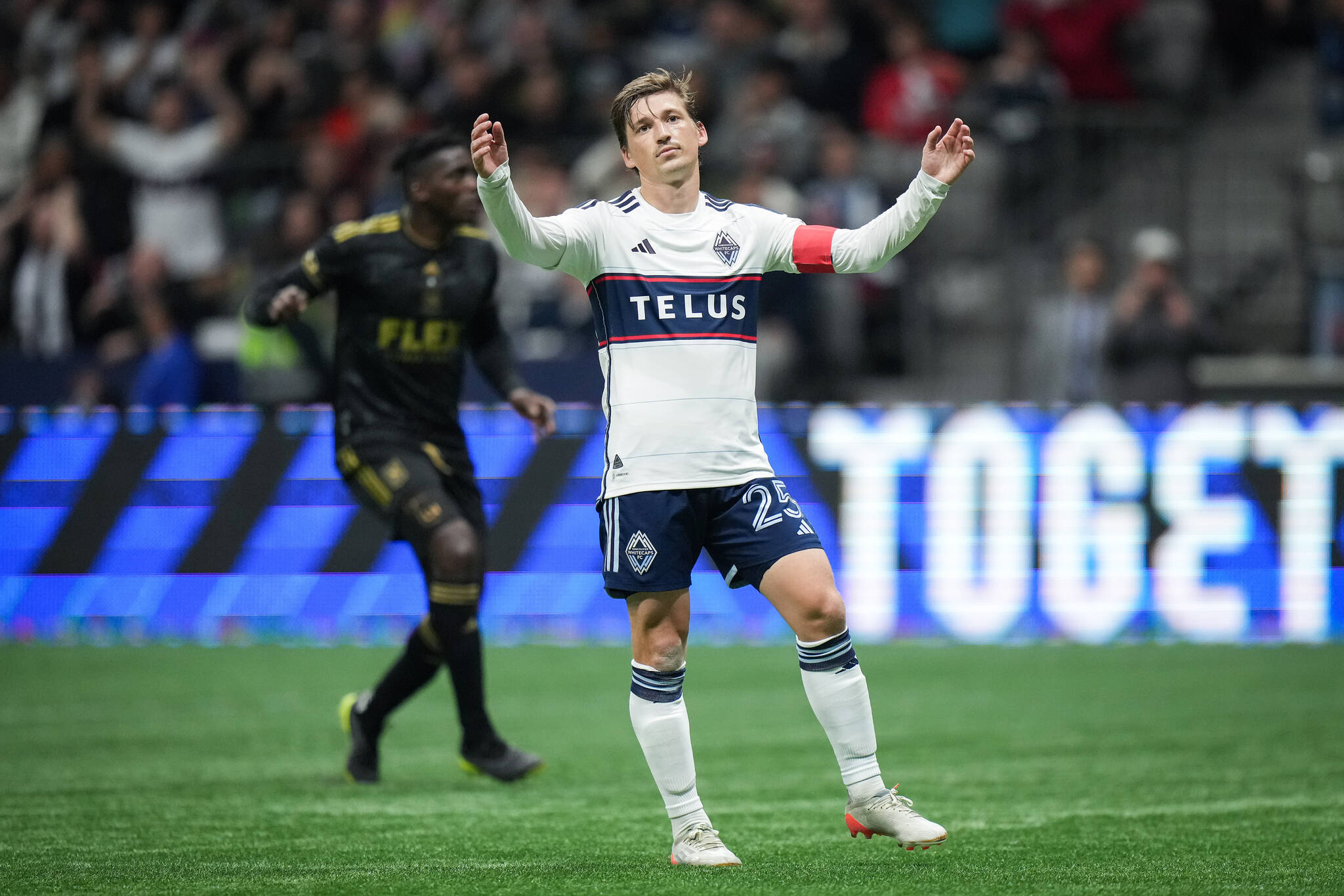 Vancouver Whitecaps’ Ryan Gauld reacts after missing his second penalty kick, during the second half of an MLS soccer match against Los Angeles FC, in Vancouver, B.C., Saturday, Oct. 21, 2023. THE CANADIAN PRESS/Darryl Dyck