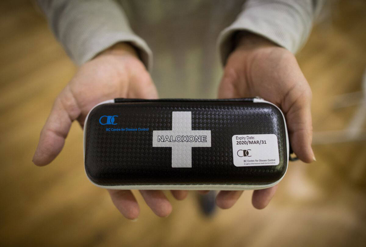 A B.C. Centre for Disease Control naloxone kit. B.C. Emergency Health Services released a list detailing the annual number of overdose/poisoning calls in different communities throughout the province, for a total of 42,172 calls in 2023. (Darryl Dick/The Canadian Press)