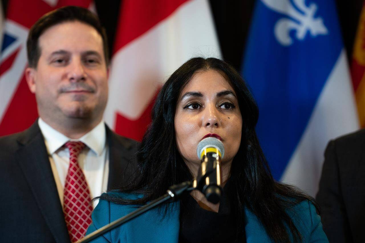 B.C. Attorney General Niki Sharma, here seen speaking in Ottawa in 2023, says the provincial government has decided to file a notice of appeal to overturn the court order that has temporarily blocked legislation promising public safety but facing criticism for stigmatizing drug users.(THE CANADIAN PRESS/Spencer Colby)