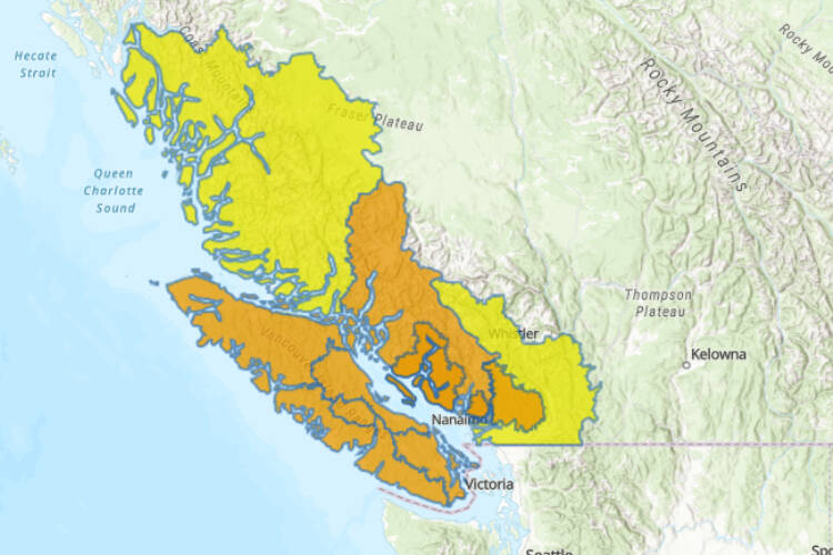 The south coast of B.C. is under flood watch (orange) and high streamflow advisories (yellow) as a series of rain storms is set to arrive starting Saturday (Jan. 27). (Map courtesy BC River Forecast Centre)