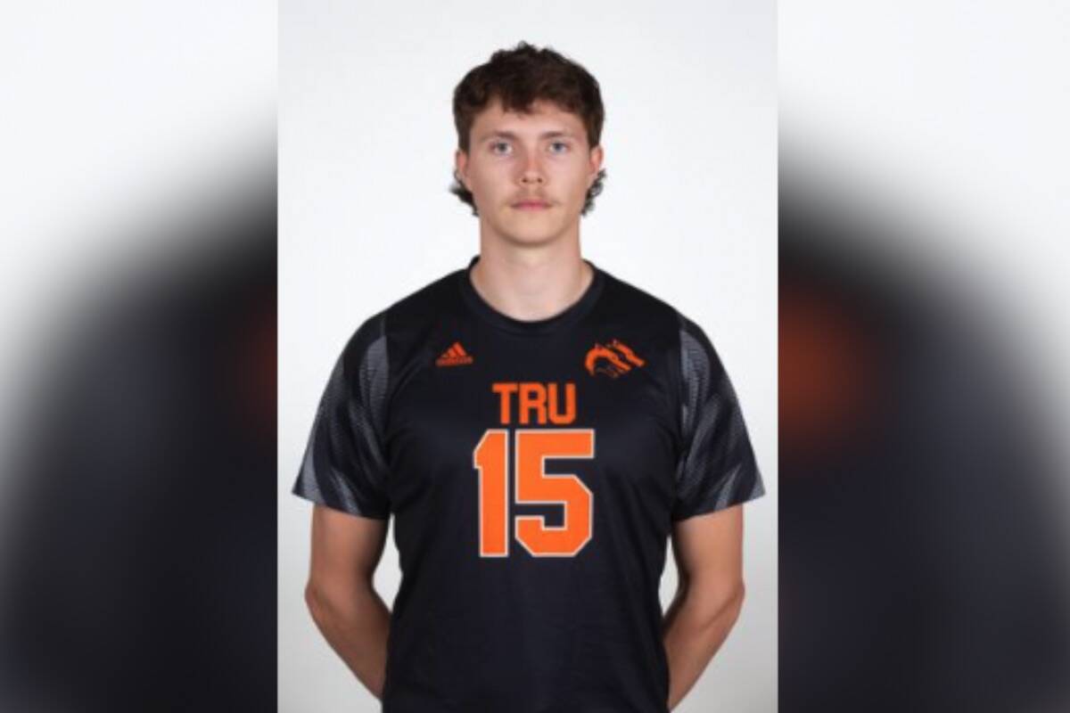 Owyn McInnis, a member of the Thompson River University men’s volleyball team, died in a crash in Kamloops on Nov. 29, 2023. Thompson River University has set up a scholarship in his name. (TRU Wolfpack 2023-24 Men’s Volleyball Roster)