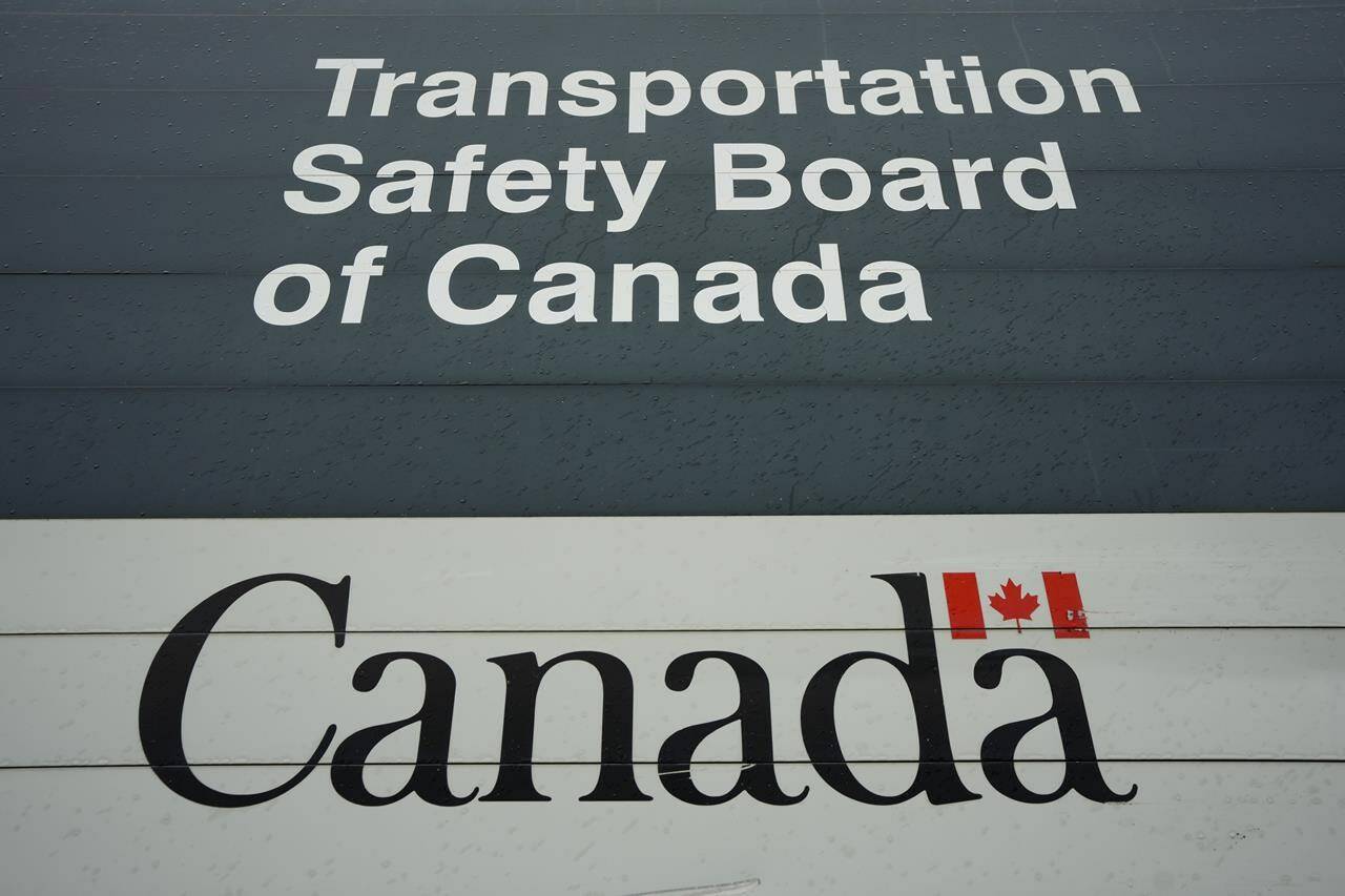 Transportation Safety Board of Canada (TSB) signage is pictured outside TSB offices in Ottawa, Monday, May 1, 2023. The head of the heli-skiing company involved in a fatal crash north of Terrace, B.C., last Monday says the bodies of the three victims have been recovered. THE CANADIAN PRESS/Sean Kilpatrick