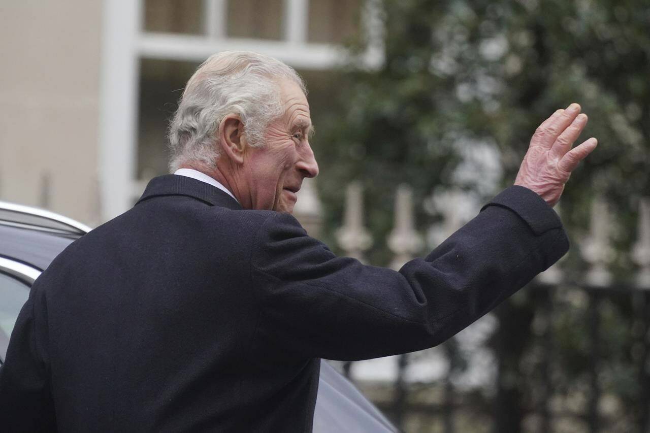 Britain’s King Charles III departs The London Clinic where he had undergone a procedure for an enlarged prostate, in central London, Monday, Jan. 29, 2024. (Victoria Jones/Pool Photo via AP)