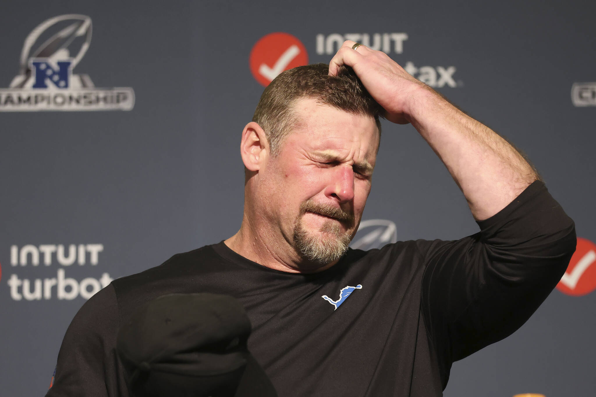 Detroit Lions head coach Dan Campbell speaks at a news conference after the NFC Championship NFL football game against the San Francisco 49ers in Santa Clara, Calif., Sunday, Jan. 28, 2024. (AP Photo/Jed Jacobsohn)