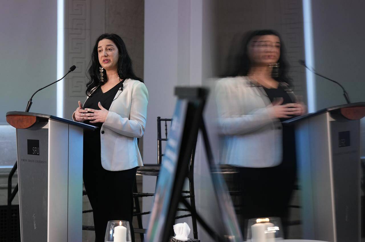 B.C. Human Rights Commissioner Kasari Govender speaks in Vancouver on March 7, 2023. Govender announced Jan. 30, 2024 that her office has launched an inquiry into police use of force in the province. THE CANADIAN PRESS/Darryl Dyck