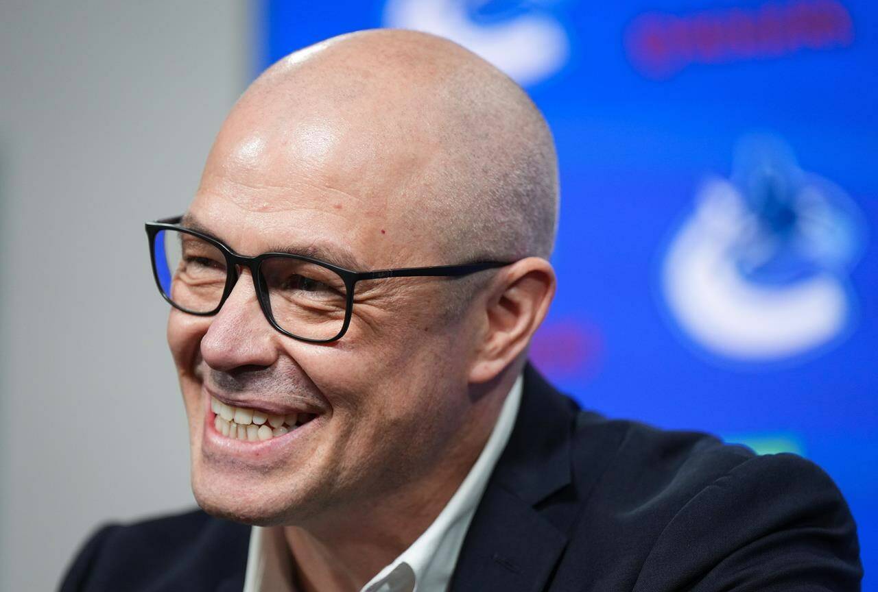 Vancouver Canucks general manager Patrik Allvin laughs during the NHL team’s end-of-season news conference, in Vancouver, on Monday, April 17, 2023. The Canucks say they have signed Allvin to a multi-year contract extension. THE CANADIAN PRESS/Darryl Dyck