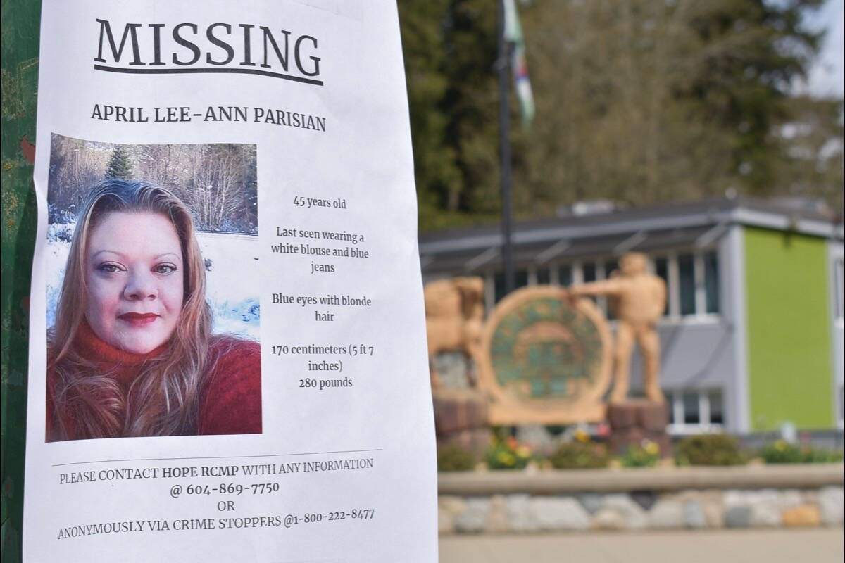 A missing persons poster from April 2020 for April Parisian in front of Hope's district hall. (Emelie Peacock/Hope Standard)