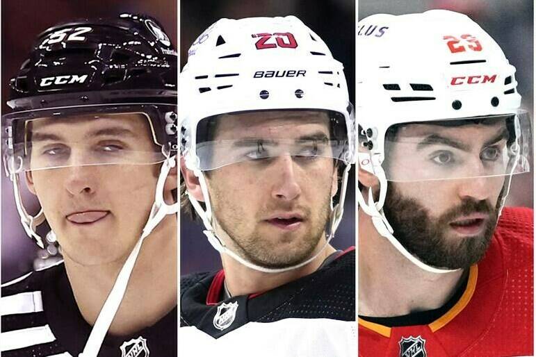 New Jersey Devils defenceman Cal Foote before an NHL hockey game in Newark, N.J., Friday, Oct. 27, 2023; New Jersey Devils’ Michael McLeod during an NHL hockey game in Philadelphia, Thursday, Nov. 30, 2023; Calgary Flames centre Dillon Dube during an NHL hockey game in Detroit, Sunday, Oct. 22, 2023. The five players from Canada’s 2018 world junior hockey team are facing sexual assault charges. THE CANADIAN PRESS/AP-Matt Slocum, Noah K. Murray, Matt Slocum, Paul Sancya, Corey Sipkin