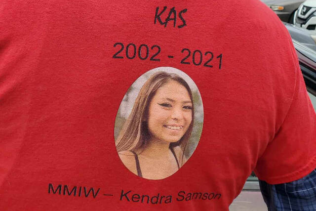 David Sampson wears a T-shirt in honour of his great niece, Kendra Samson, who died on Dec. 20, 2021. (Monica Lamb-Yorski photo - Williams Lake Tribune)