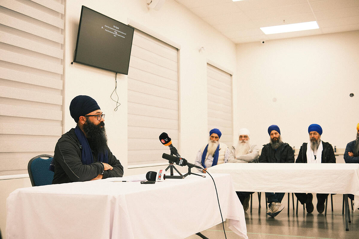 Moninder Singh speaks at a press conference held Thursday night (Feb. 1) regarding a shooting in South Surrey. (Contributed photo)