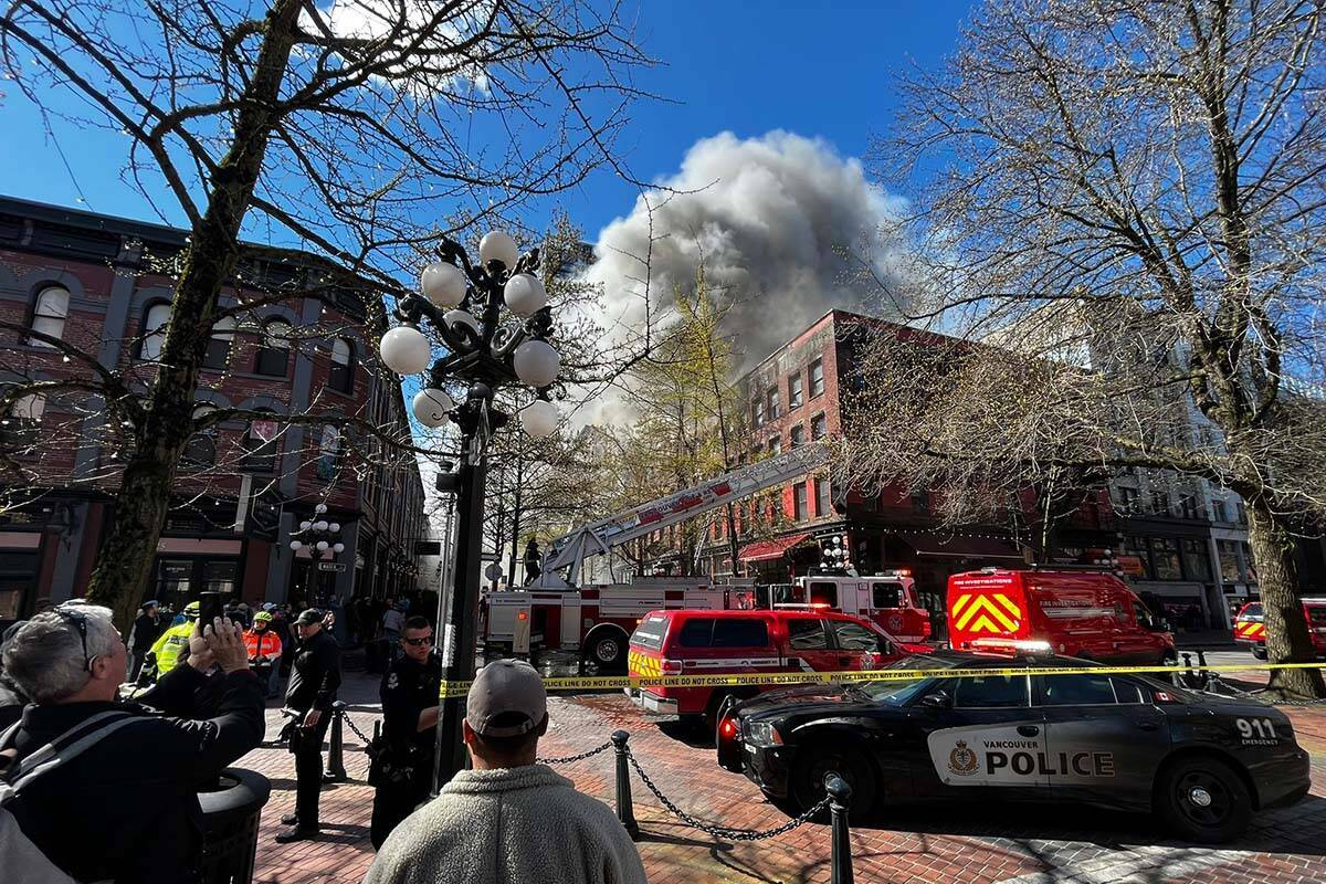 A large-scale fire broke out in a structure at the corner of Abbott and Water streets in Vancouver’s Gastown neighbourhood April 11. (Credit: Matt Piercy)