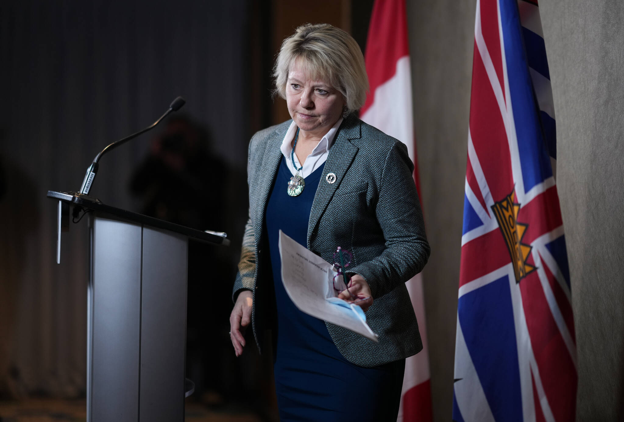 B.C. Provincial Health Officer Dr. Bonnie Henry steps away from the podium after speaking during a news conference in Vancouver, on Monday, January 30, 2023. THE CANADIAN PRESS/Darryl Dyck