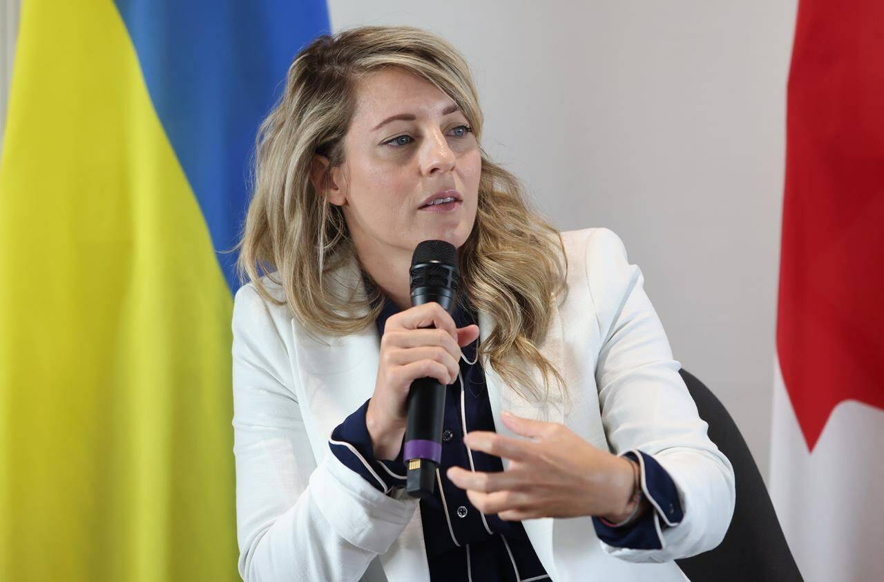 Minister of Foreign Affairs Melanie Joly speaks at an event to mark Ukraine Independence Day in Ottawa on Thursday, August 24, 2023. THE CANADIAN PRESS/Patrick Doyle