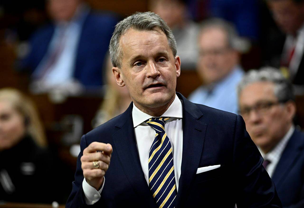 The federal government is launching a new pay transparency website that will offer easily comparable data on workforce representation rates and the pay gaps experienced by four key groups. Labour Minister Seamus O’Regan rises during Question Period in the House of Commons on Parliament Hill in Ottawa on Monday, Nov. 27, 2023. THE CANADIAN PRESS/Justin Tang