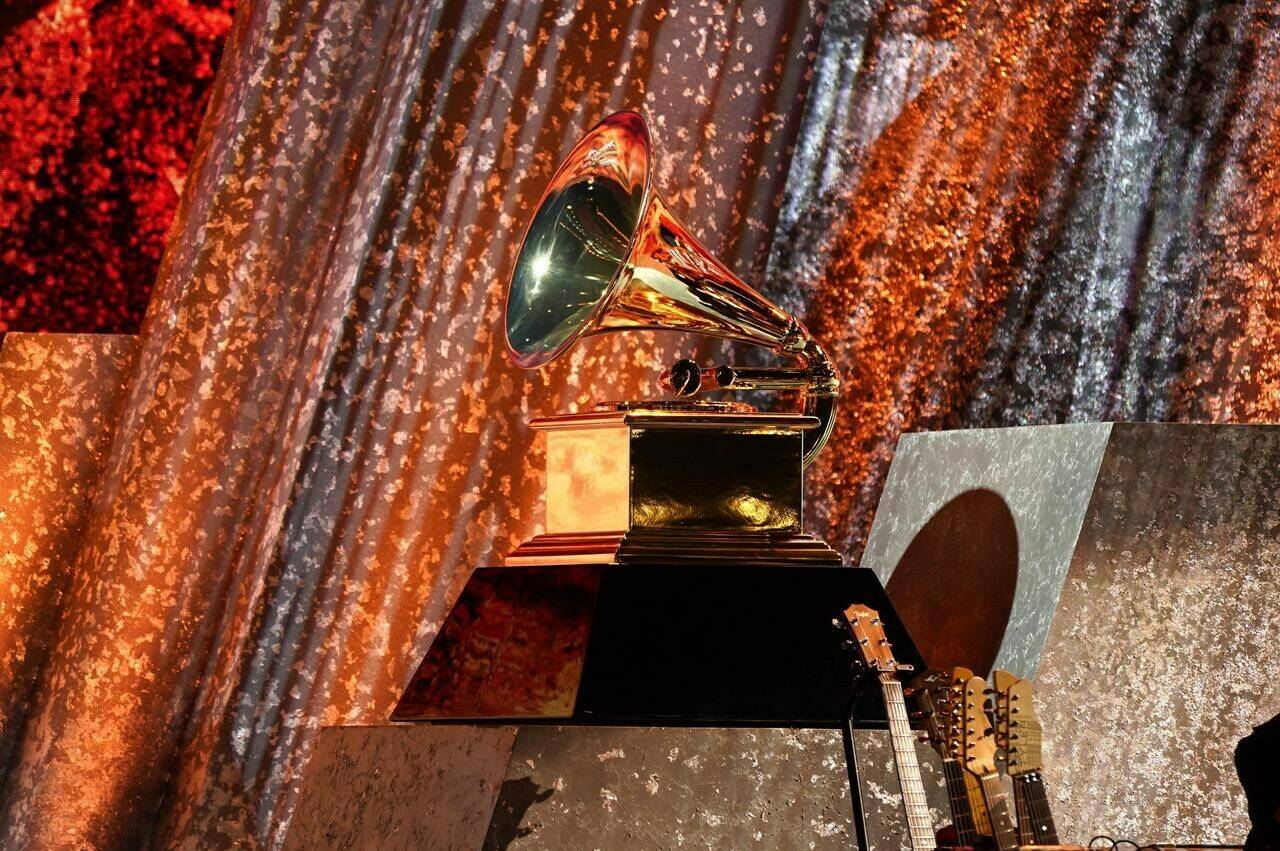 A Grammy award appears on stage at the 65th annual Grammy Awards on Sunday, Feb. 5, 2023, in Los Angeles. Folk singer Allison Russell and rapper Drake head to the Grammy Awards today as two of the leading Canadian contenders. THE CANADIAN PRESS/AP, Chris Pizzello