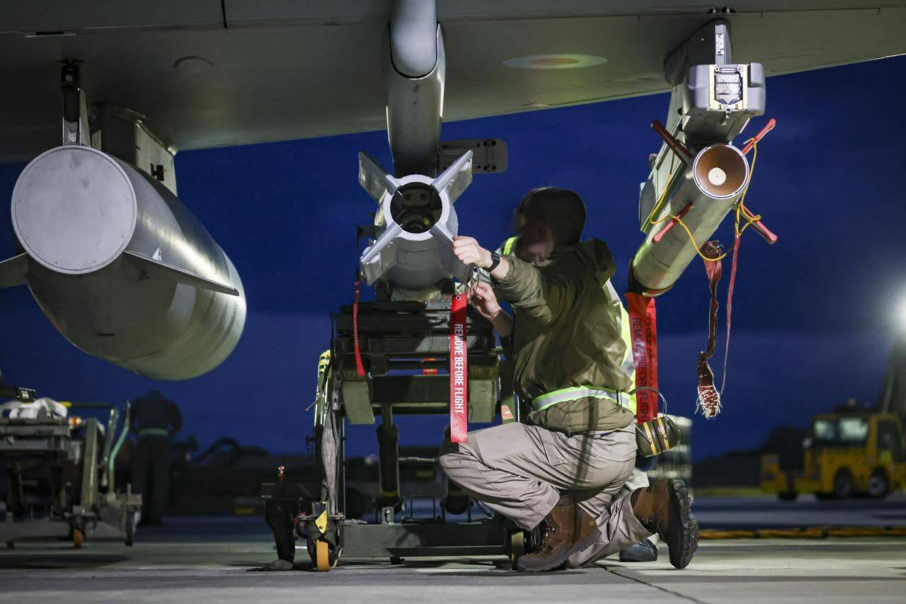 A statement released by the National Defence on Saturday says Canada was among several allies that provided support to the United States and United Kingdom during their latest strikes against Houthi targets in Yemen. RAF Weapon Technicians prepare RAF Typhoon FRG4 aircraft to conduct further strikes against Houthi military targets in Yemen, from RAF Akrotiri, Cyprus, Saturday, Feb. 3, 2024. THE CANADIAN PRESS/AP-HO, Ministry of Defence, Cpl Samantha Drummee, *MANDATORY CREDIT*