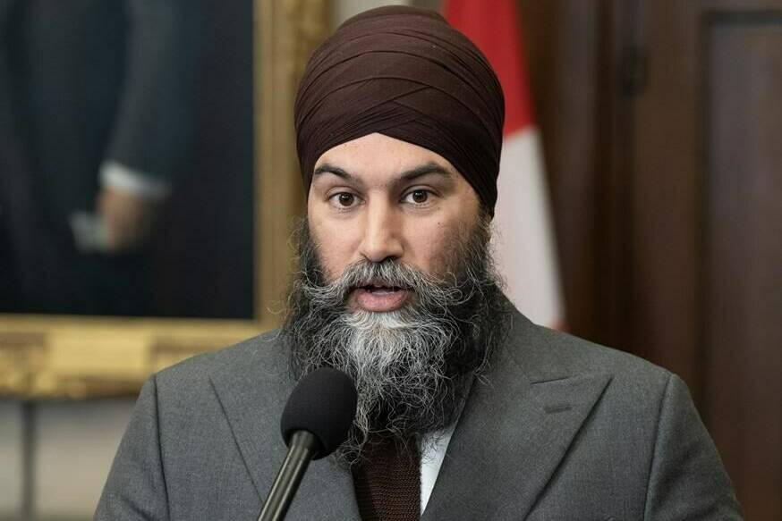 New Democratic Party leader Jagmeet Singh speaks with reporters in the Foyer of the House of Commons before Question Period, Monday, February 5, 2024 in Ottawa. Singh says if the government doesn’t make good on pharmacare legislation by March, that would kill the Liberal-NDP political pact. THE CANADIAN PRESS/Adrian Wyld