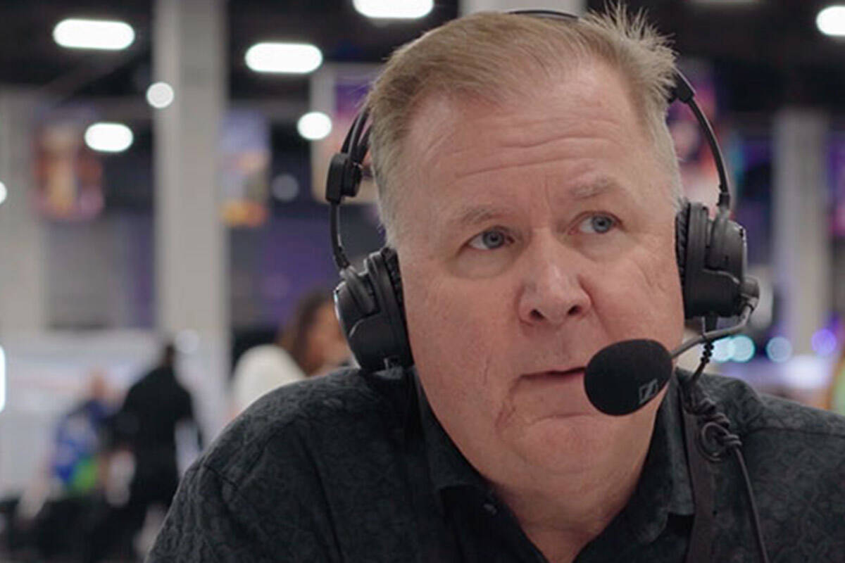 JT the Brick, talking with Bob Marjanovich in Las Vegas on ‘Radio Row’ at Super Bowl 58. (Nik Kowalski photo)