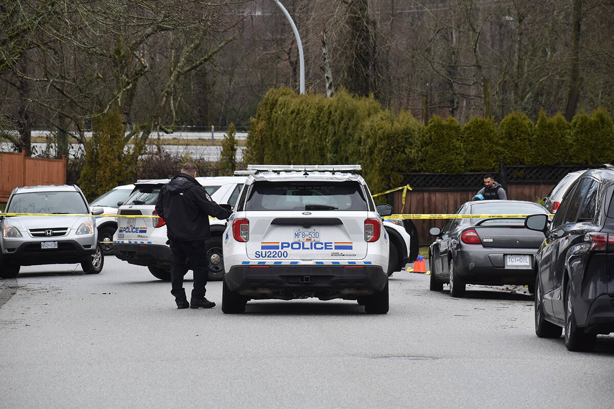 Surrey police on scene investigating a shots fired incident in the 2800-block of 154 Street in South Surrey on Thursday, Feb. 1, 2024. (Sobia Moman photo)
