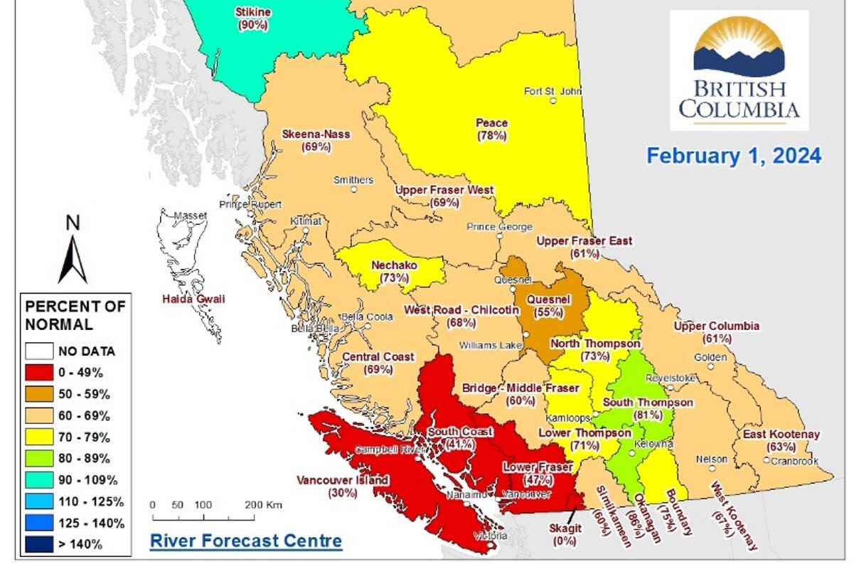 This incomplete map of B.C. shows snowpack levels across the province. They are down 39 per cent below seasonal for the entire province with regional variations. (Screencap)