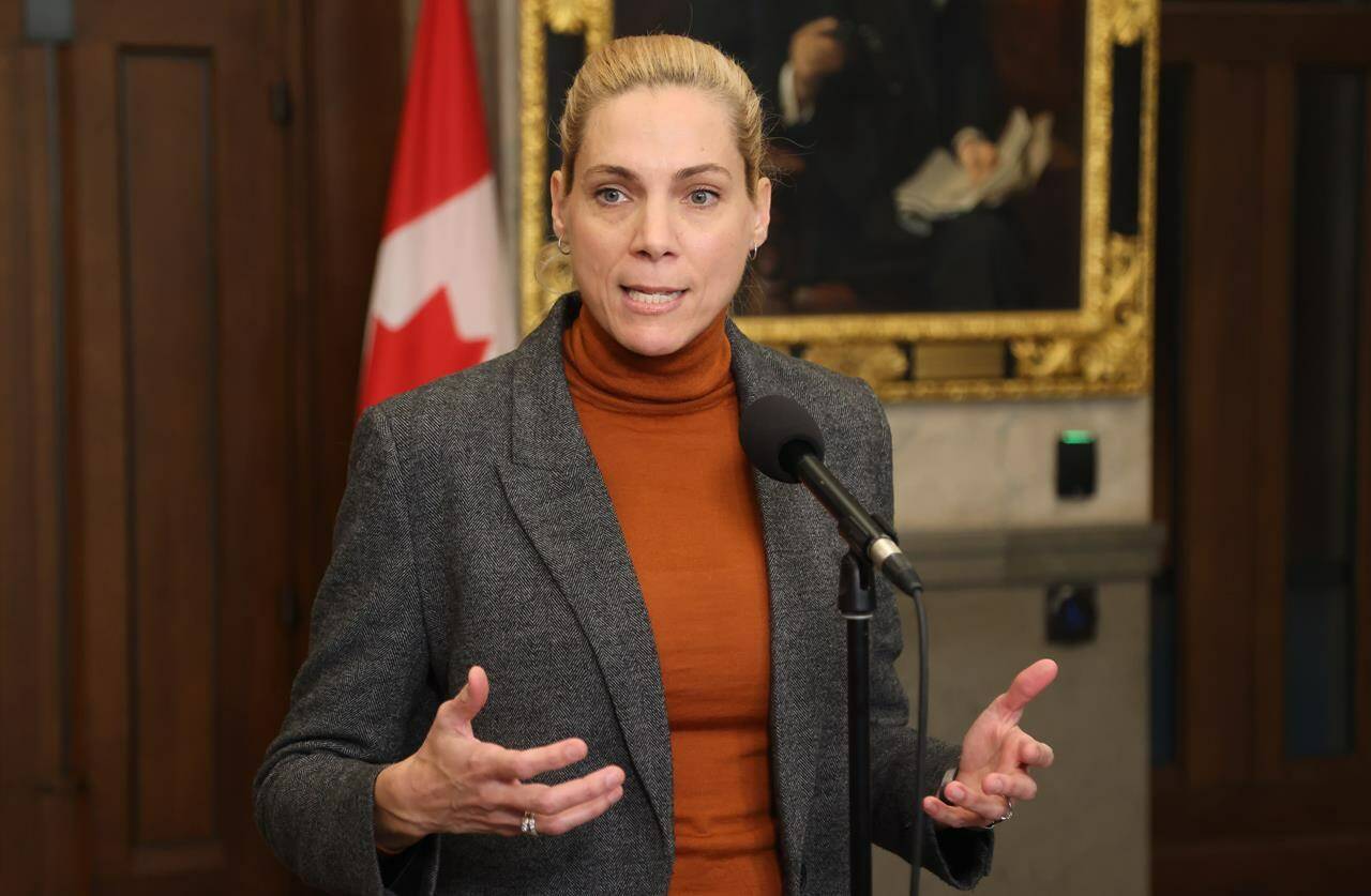 Canadian Heritage Minister Pascale St-Onge speaks to reporters on Parliament Hill after Bell Media announces job cuts, in Ottawa on Thursday, Feb. 8, 2024. THE CANADIAN PRESS/ Patrick Doyle