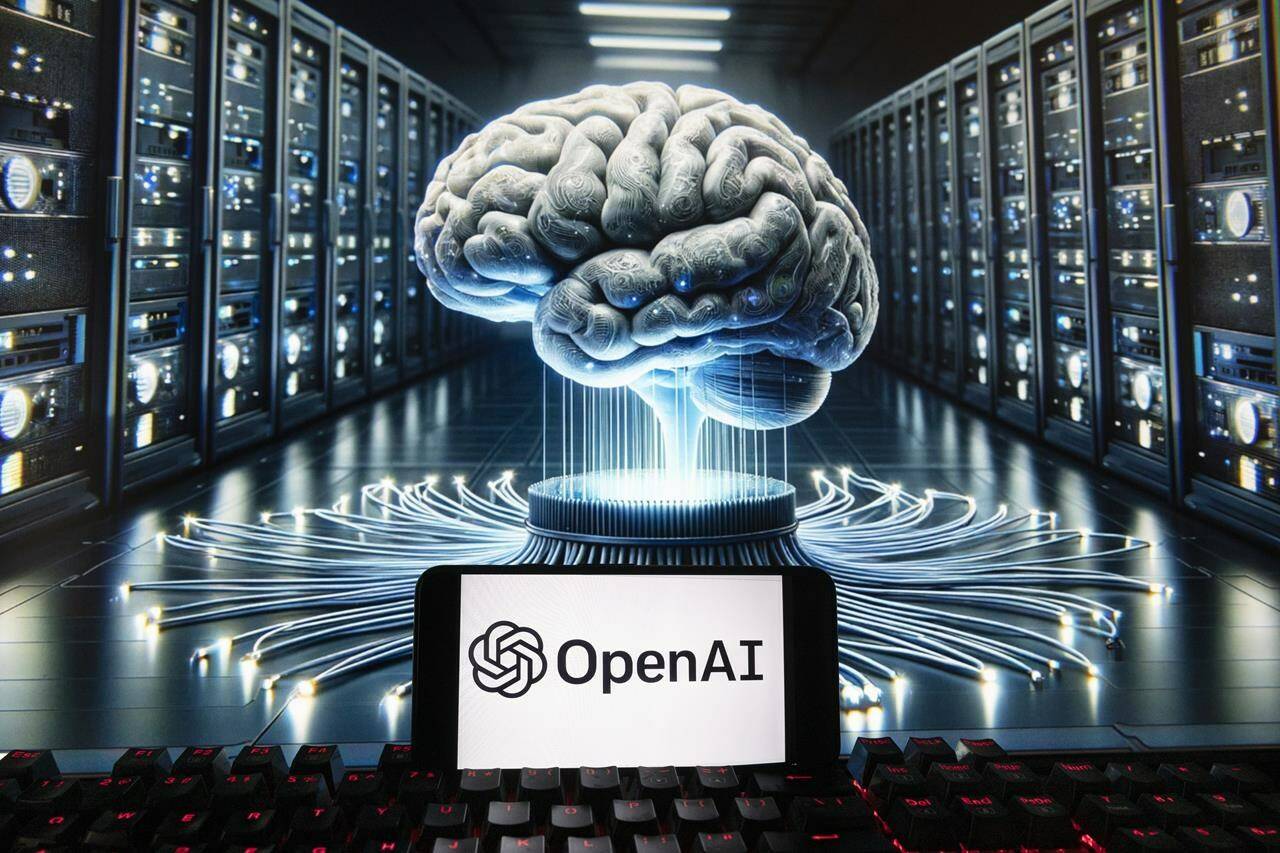 The OpenAI logo is seen displayed on a cell phone with an image on a computer monitor generated by ChatGPT’s Dall-E text-to-image model, Dec. 8, 2023, in Boston.Despite worries artificial intelligence lacks empathy and could be coming to steal their jobs, a growing number of Canadians are turning to AI tools, a new poll says. THE CANADIAN PRESS/AP, Michael Dwyer