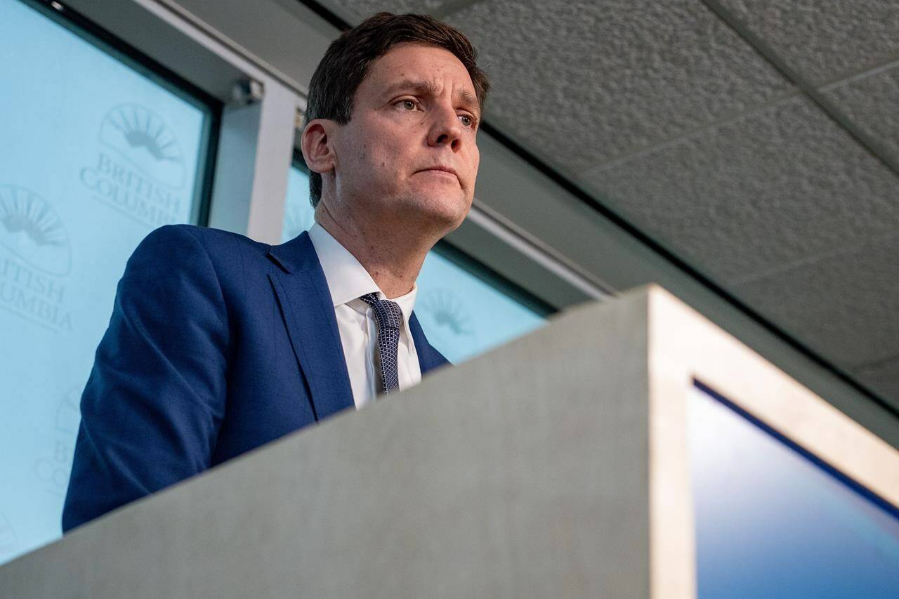 Premier David Eby, here seen Monday, Feb. 5, following the resignation over former post-secondary education minister Selina Robinson has denounced a death threat against her. (THE CANADIAN PRESS/Ethan Cairns)