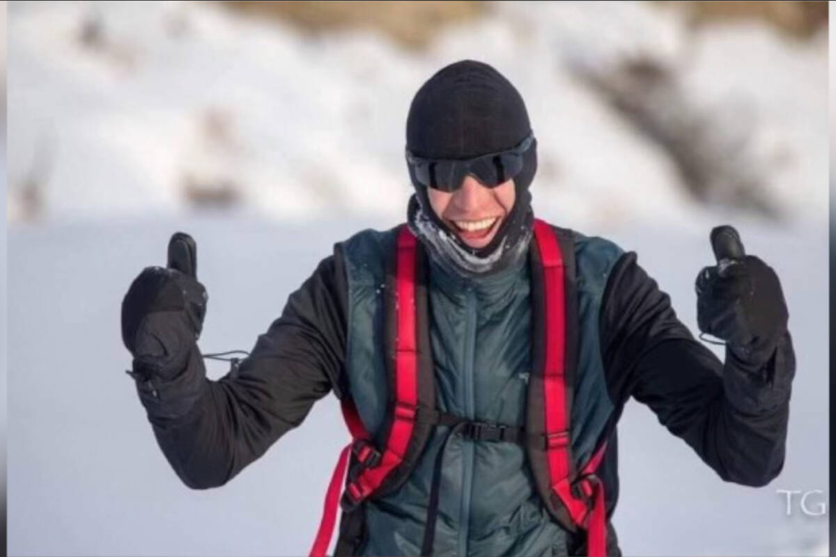 Vernon North Okanagan RCMP Cpl. Brady Kyle is all smiles during the first couple of days of the 300-mile Yukon Arctic Ultra race that began in Whitehorse Feb. 4. (Facebook photo)