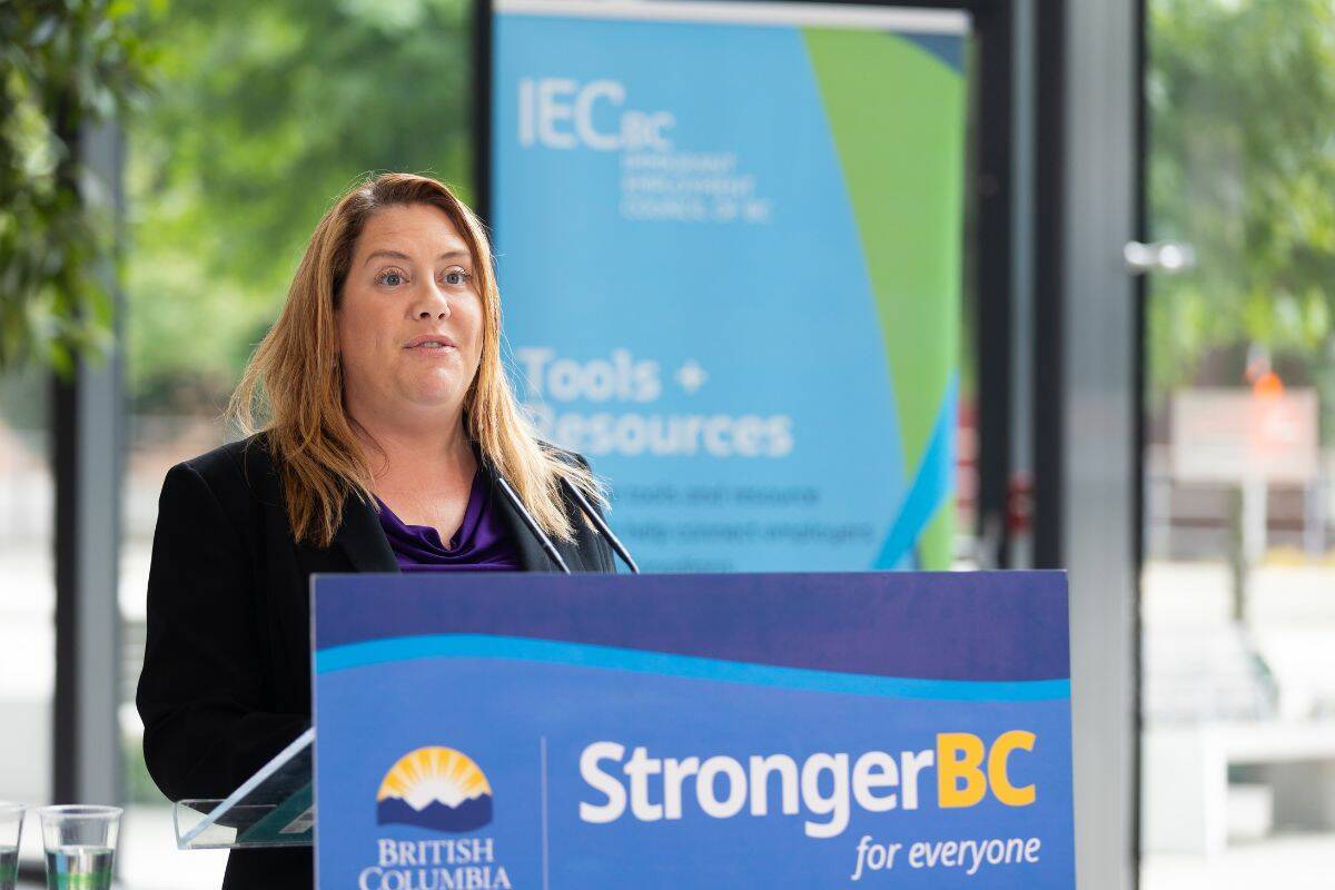 Megan Dykeman speaking at the provincial government announcement at SFU: Surrey in Surrey on Wednesday, July 26, 2023. (Photo: Anna Burns)