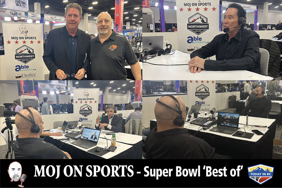 Bob Marjanovich interviewed, clockwise from top left: Dan Marino, Wayne Newton, Chris Simms and Mike Florio (among many others) on Radio Row ahead of Super Bowl 58 in Las Vegas. (Nik Kowalski photos)