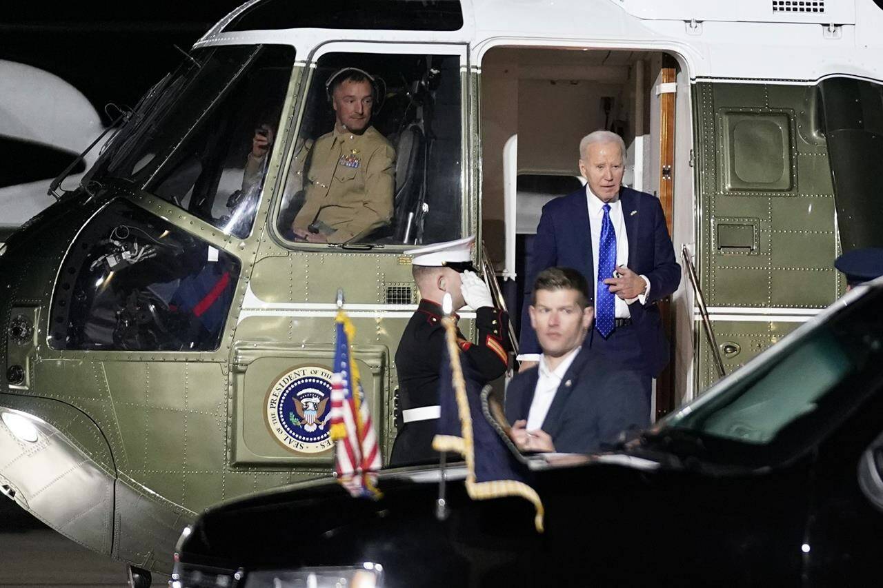 President Joe Biden arrives on Marine One at Delaware Air National Guard Base in New Castle, Del., Friday, Feb. 9, 2024. Biden is spending the weekend in Wilmington, Del. (AP Photo/Stephanie Scarbrough)