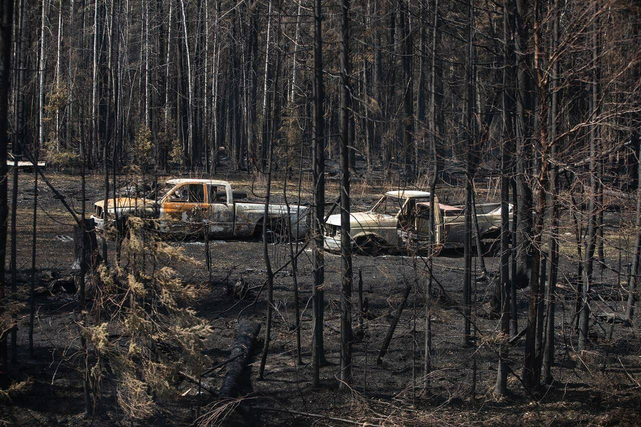 Burnt out trucks from a wildfire sit on a property near Drayton Valley, Alta., Wednesday, May 10, 2023. Alberta Wildfire says it saw an average number of wildfires last year, but the area burned across the province set a record. THE CANADIAN PRESS/Jason Franson