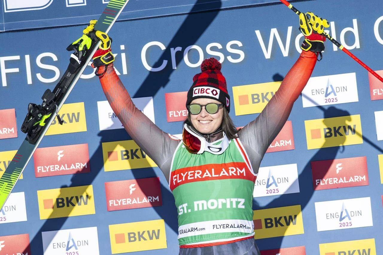 <div>Canada’s Marielle Thompson won her third consecutive World Cup women’s ski cross gold medal on Sunday. Thompson celebrates her win on the podium after the Ski Cross World Cup race in St. Moritz, Switzerland, Sunday Jan. 28, 2024. THE CANADIAN PRESS/AP-Keystone, Mayk Wendt</div>