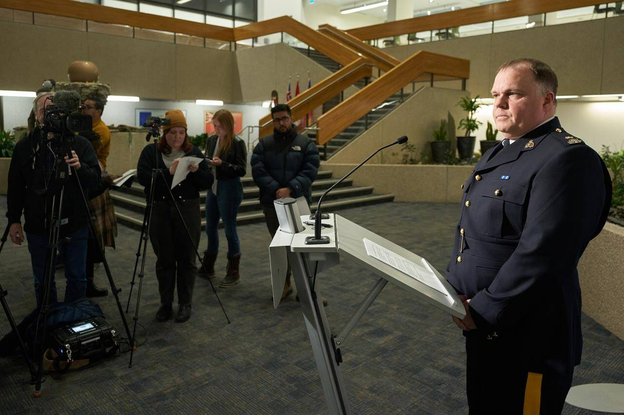 Insp. Tim Arseneault, operations officer, RCMP major crime services speaks to the media about an ongoing investigation in Winnipeg on Sunday, Feb. 11, 2024. RCMP say they are investigating the suspicious deaths of three children and two women in southern Manitoba. THE CANADIAN PRESS / David Lipnowski