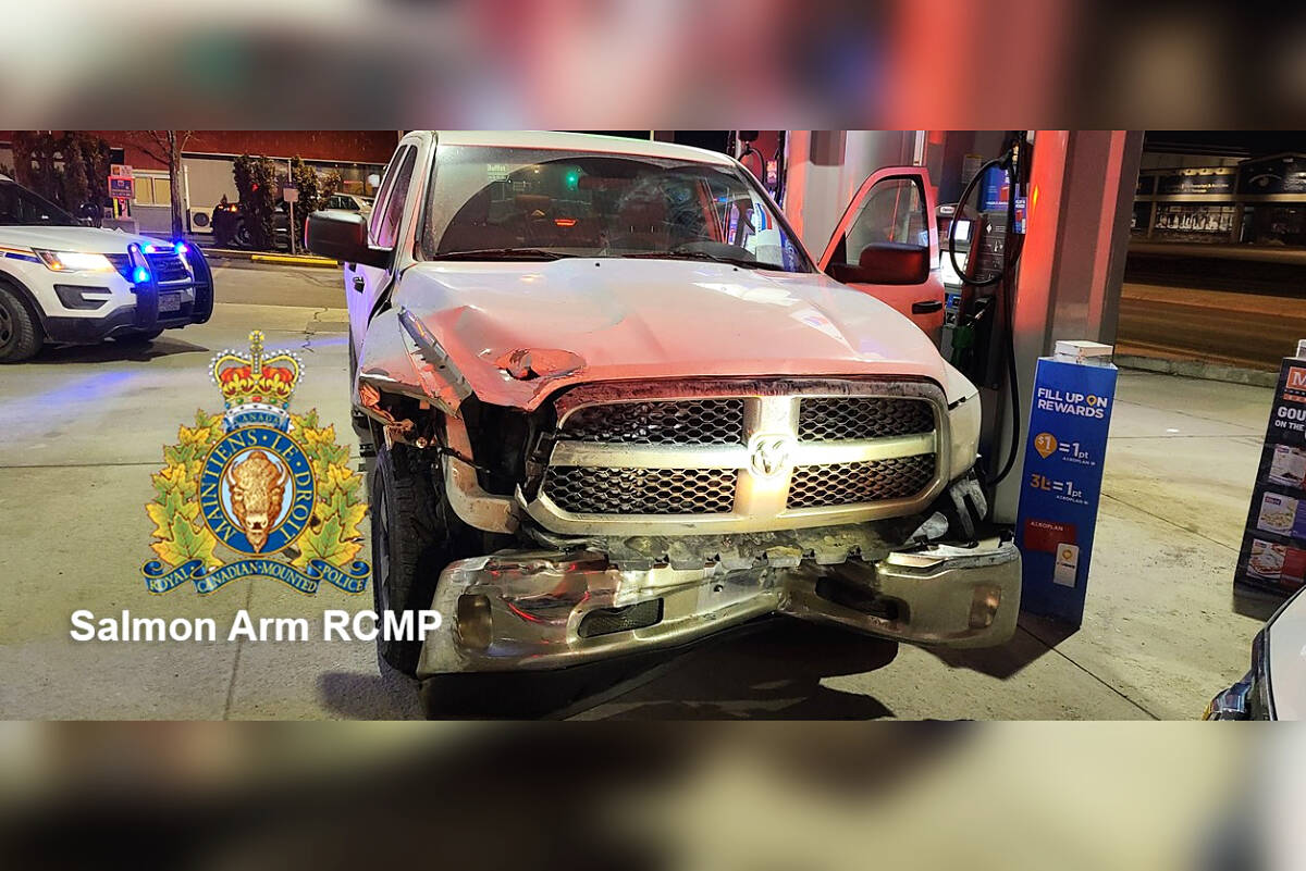 The Dodge Ram pickup truck that was allegedly involved in numerous collisions across multiple jurisdictions on Feb. 8 was finally stopped by Salmon Arm RCMP in a high-risk takedown. Officers in Golden, Revelstoke and Sicamous also responded as the incident unfolded. (RCMP photo)