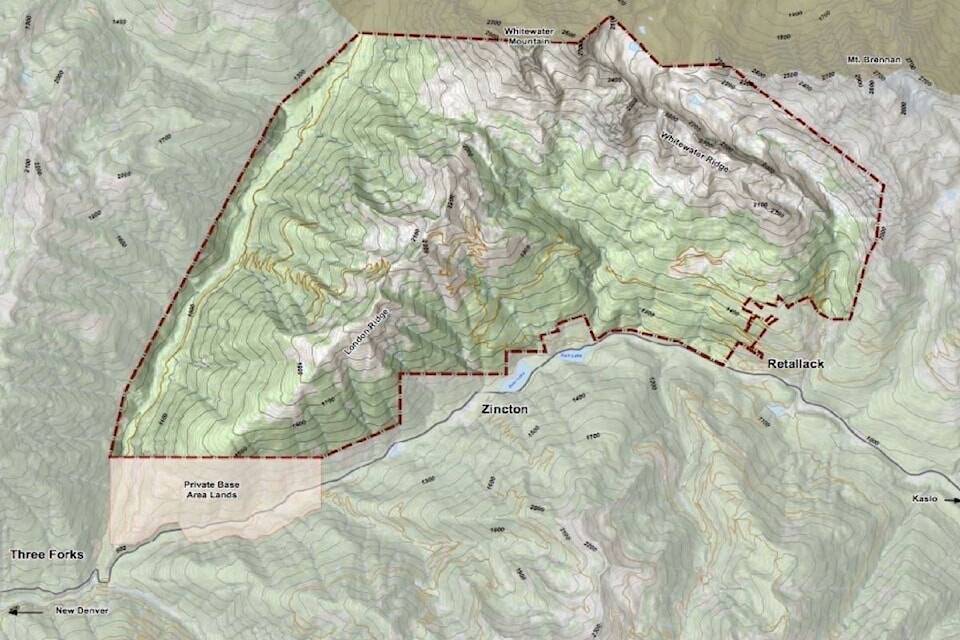 Zincton Mountain Resort would be built along the slopes of Whitewater Mountain near New Denver. The road shown south of the tenure is Highway 31A between New Denver and Kaslo. Map: Brent Harley and Associates