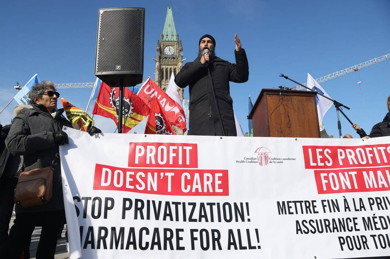 NDP leader Jagmeet Singh speaks at a health-care rally on Parliament Hill in Ottawa on Tuesday, Feb. 13, 2024. The Liberals and the NDP pharmacare negotiations are on a knife’s edge, and the main point of contention is the number of drugs they plan to start with. THE CANADIAN PRESS/ Patrick Doyle
