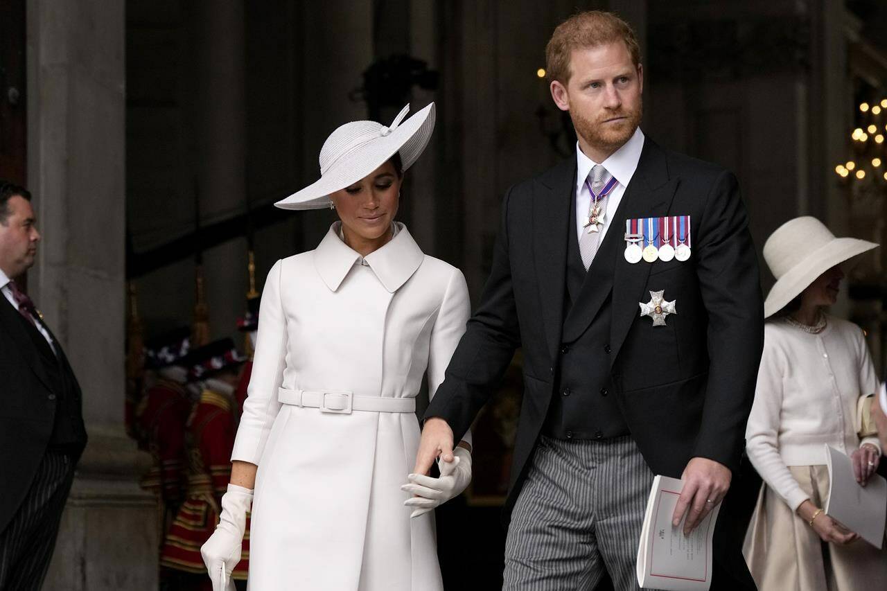 Prince Harry and Meghan Markle leave St Paul’s Cathedral in London, Friday, June 3, 2022. The Duke and Duchess of Sussex are scheduled to spend Valentine’s Day in Whistler, B.C., this year, attending a training camp one year ahead of the 2025 Invictus Games. THE CANADIAN PRESS/AP-Matt Dunham, Pool