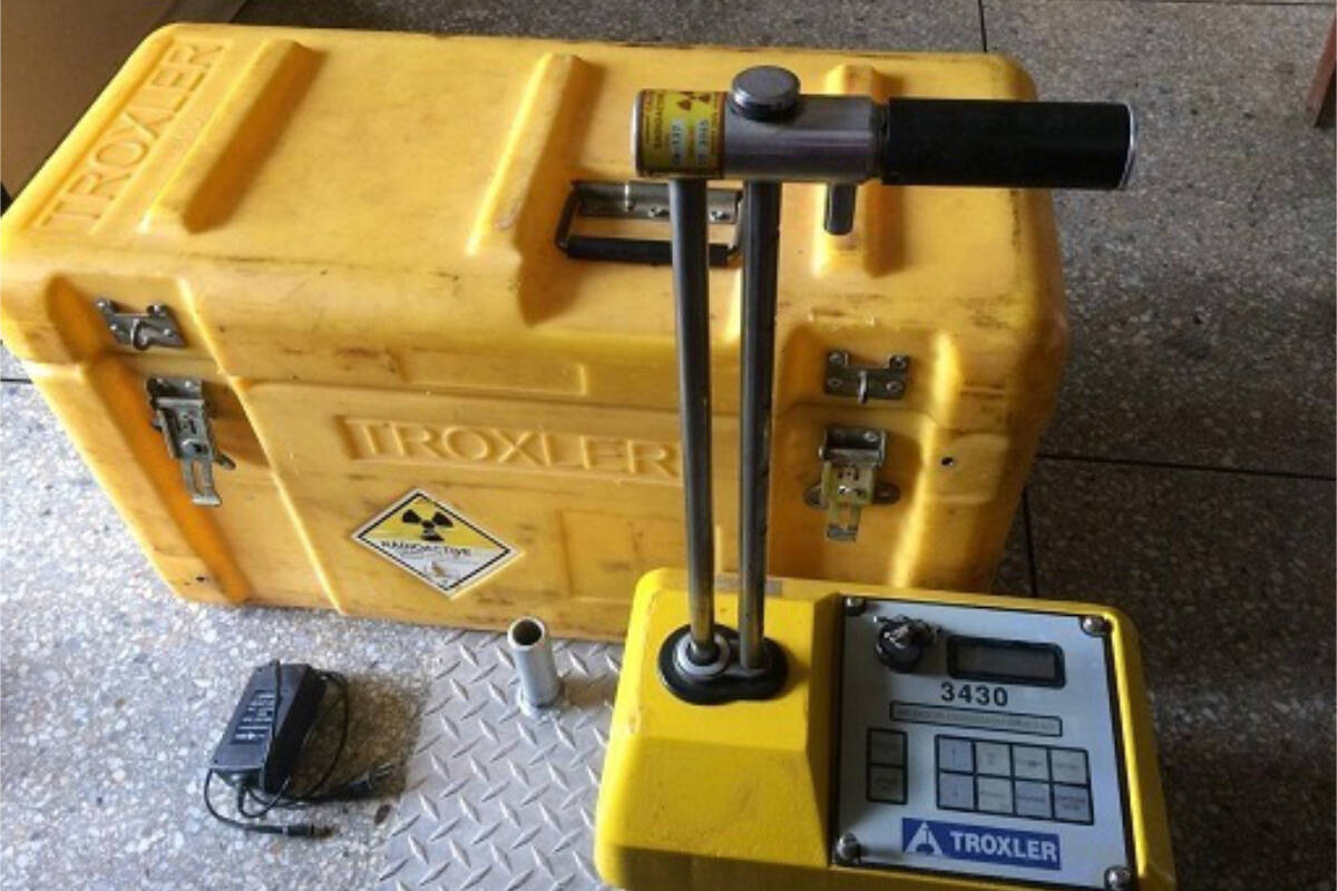 North Vancouver RCMP say a nuclear soil moisture density gauge was inside a vehicle stolen Feb. 13, 2024, and that it may pose a risk to the thief. (North Vancouver RCMP handout)