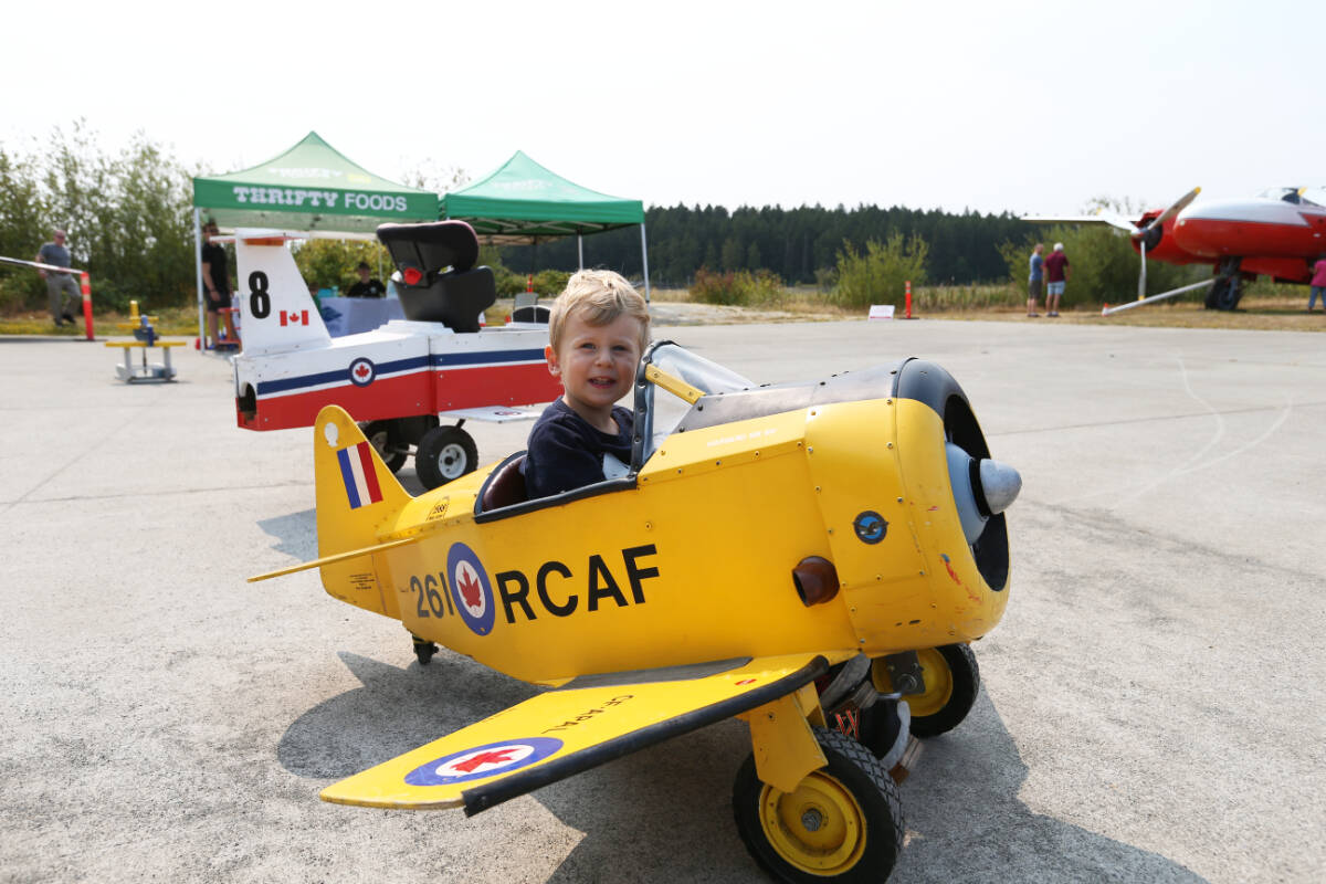 Pilot-in-training Morrison Stewart explores the B.C. Aviation Museum by pedal plane Saturday Aug. 19, 2023. Kids can get in the cockpit for photos again on Feb. 18 with admission by donation. (Black Press Media file photo)