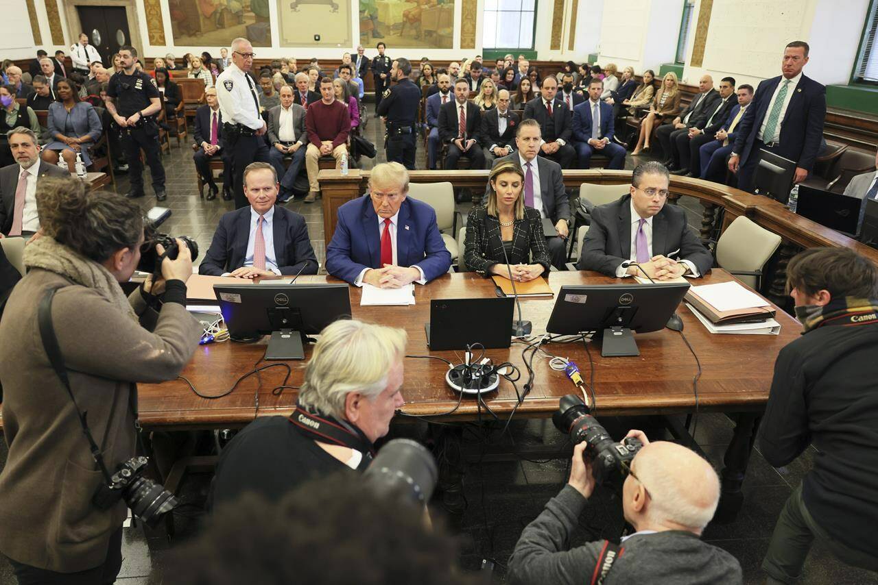 FILE - Former President Donald Trump, center, sits in the courtroom before the start of closing arguments in his civil business fraud trial at New York Supreme Court, Jan. 11, 2024, in New York. A verdict is expected Friday in Donald Trump’s New York civil fraud trial, adding to a monumental week on the former president’s legal calendar. (Michael Santiago/Pool Photo via AP)