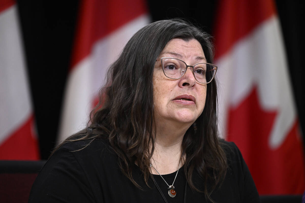 Federal housing advocate Marie-Josee Houle speaks during a news conference in Ottawa on Monday, Nov. 27, 2023. THE CANADIAN PRESS/Justin Tang